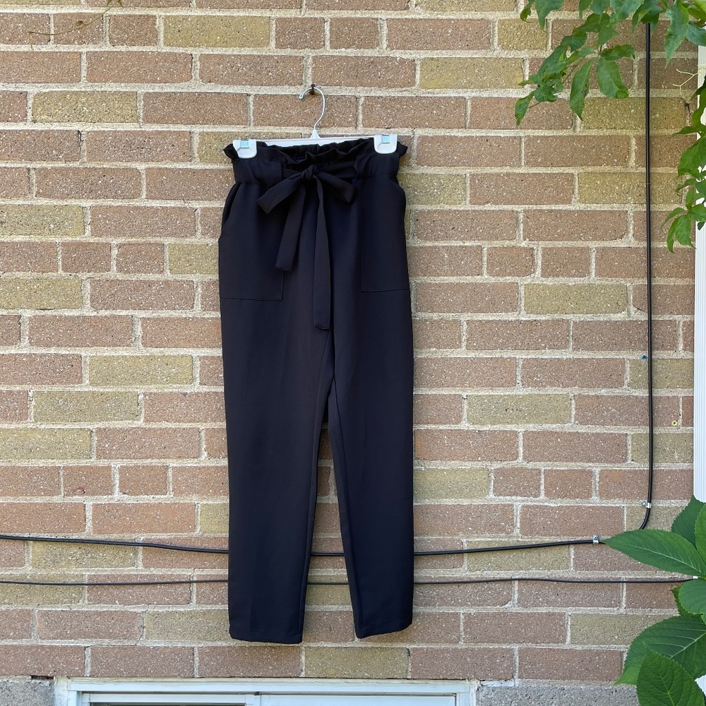 Pants: Dynamite High Waist Belted Paperbag Trousers (Black)